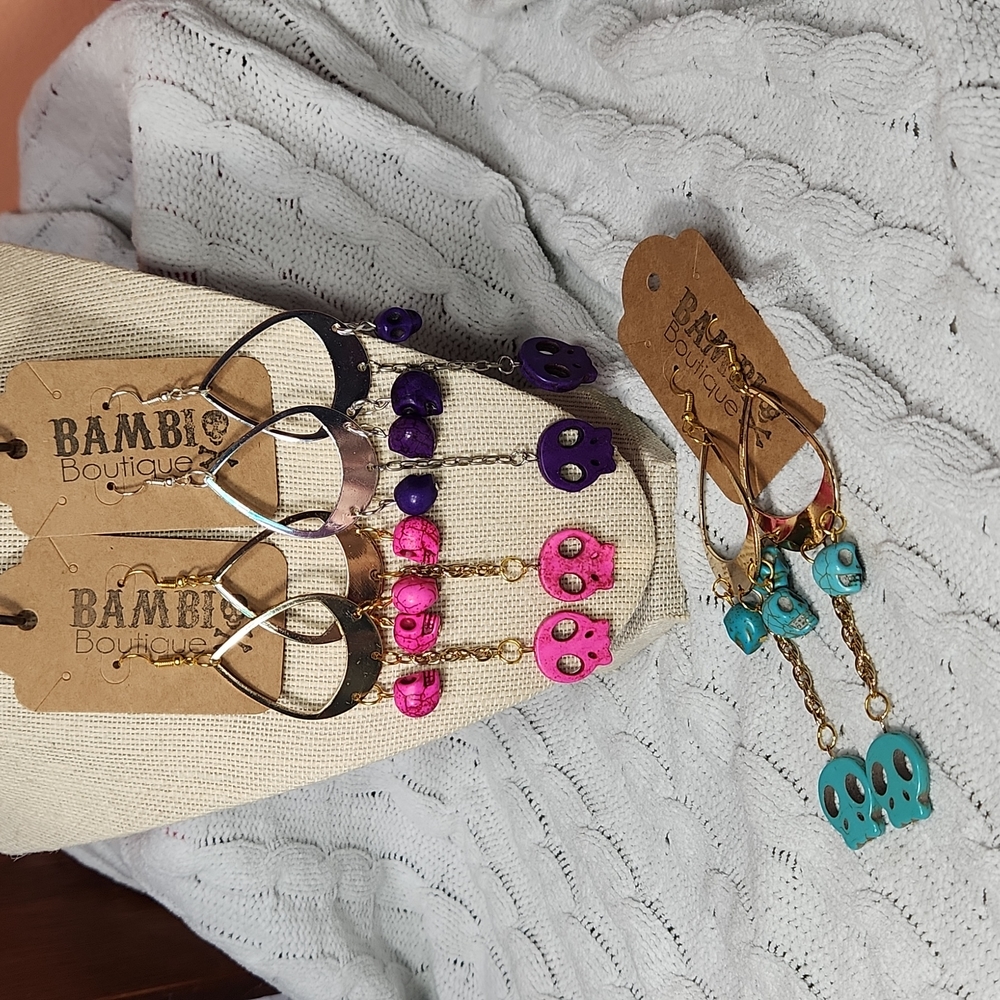 Handmade Distressed Sugar Skull Teardrop Chain Linked Earrings